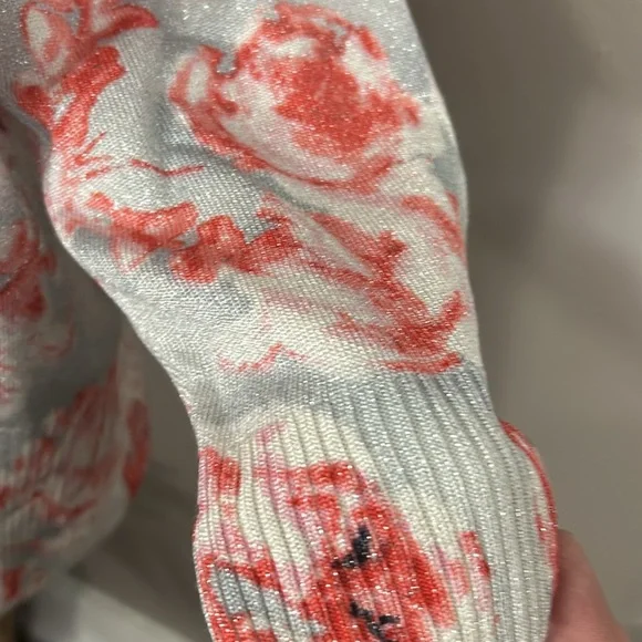 ST JOHN pink and silver rose print  button down cardigan wool lurex Women’s XL - Picture 4 of 14